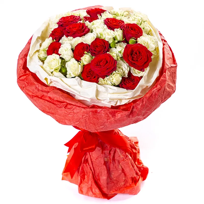 Букет из 21 красной и белой кустовой розы